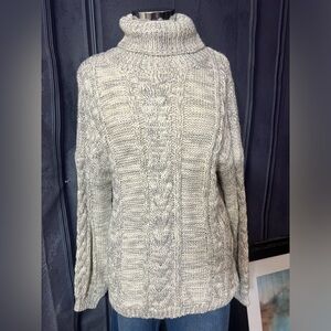 POL Brand Taupe Gray Multi Cable Neck Long Sleeve Knit Sweater